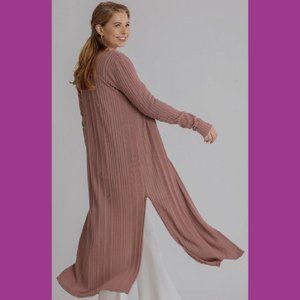 UMGEE Cardigan S Mauve Open Front Knit Long Stretch Side Slits Duster Cardigan